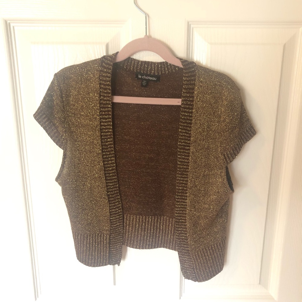 2/$15🌟 Le Chateau Mini Brown/Gold Metallic Cardigan Vest